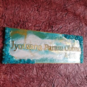 Peacock Blue , White & Golden Resin Nameplate 6 x 12 inches